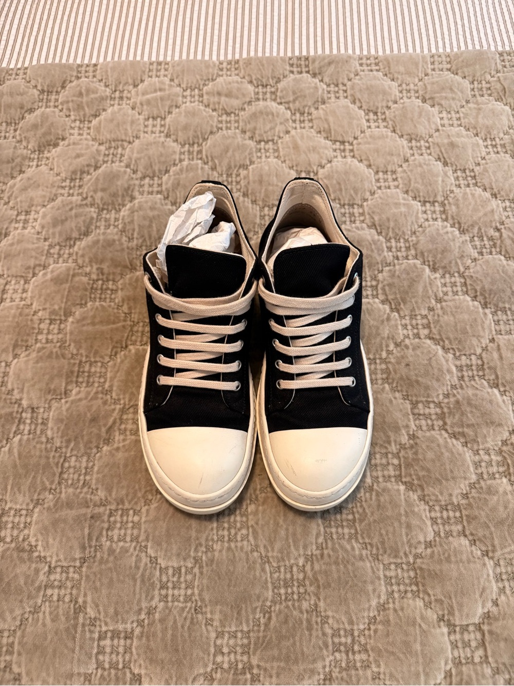 Rick Owens Black Canvas Sneakers with White Toe Caps
